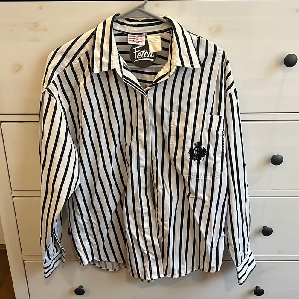 Women’s black and white stripped button down